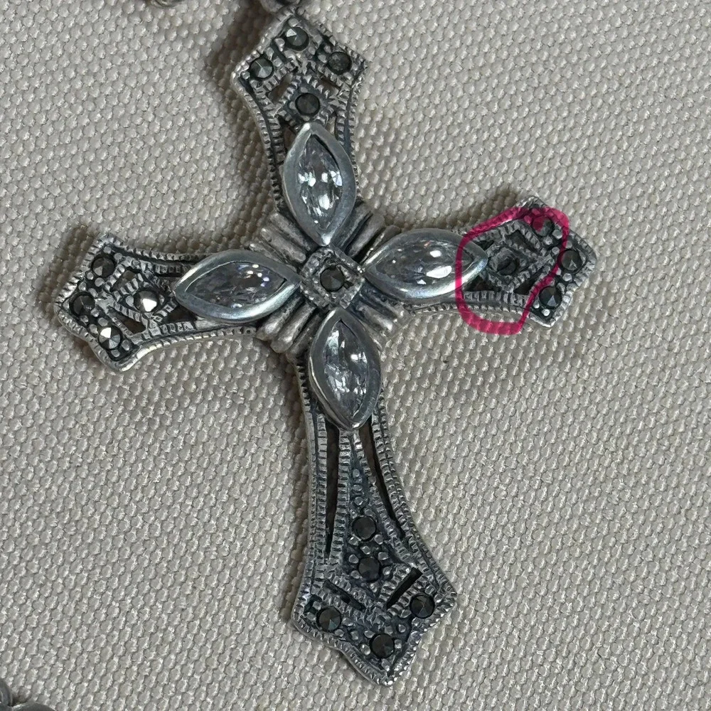 Sterling Silver Cross Necklace Marcasite Clear Crystal 18 in Italian Chain *FLAW